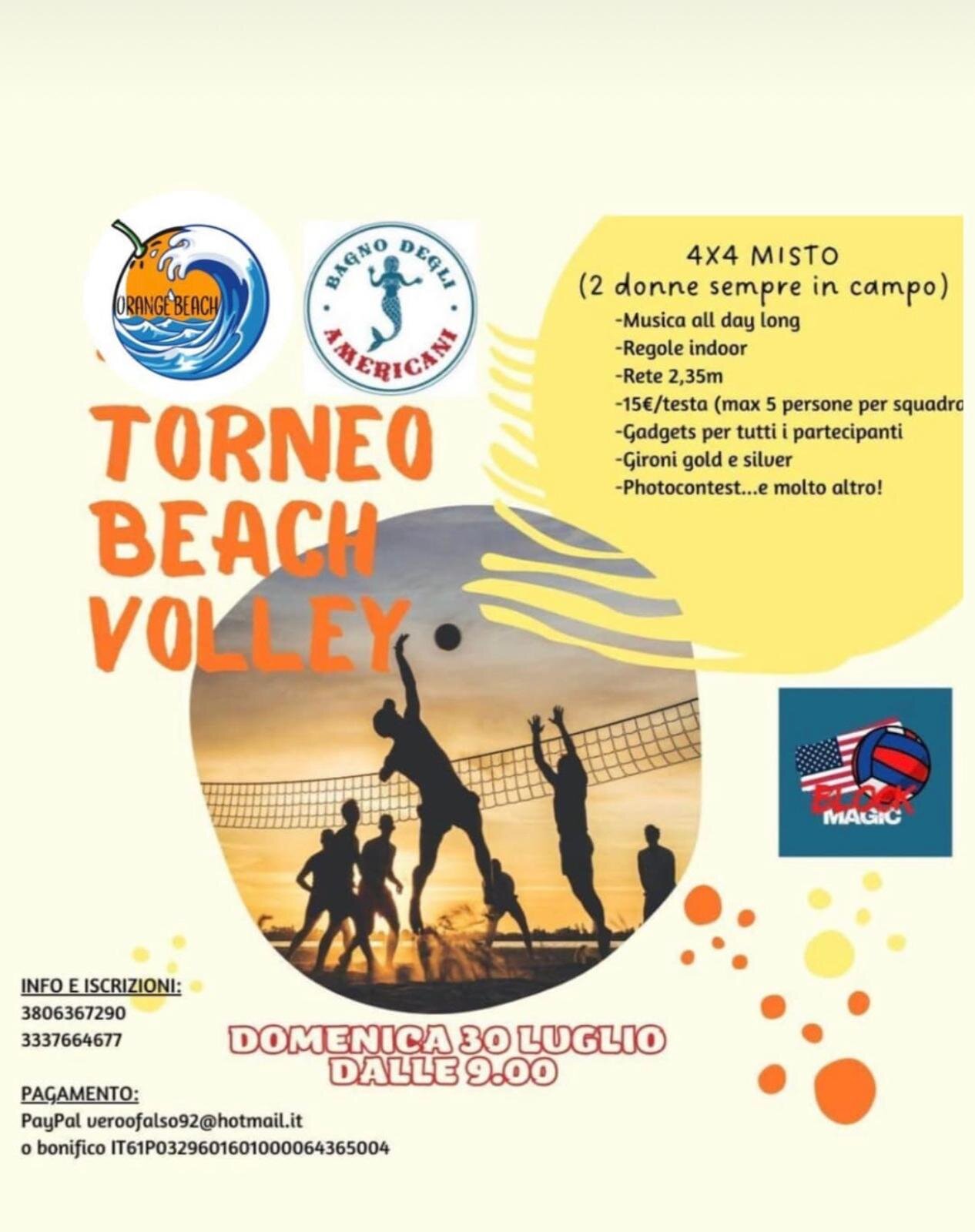 Domenica 30 luglio Torneo Beach Volley 4x4 Misto al Bagno degli Americani: ecco come iscriversi Domenica 30 luglio Torneo Beach Volley 4x4 Misto al Bagno degli Americani: ecco come iscriversi