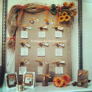 Coordinato Linea Juta con girasoli Tableau tema spezie, Segnatavoli, scatolina portaconfetti, menù a pergamena, partecipazione.