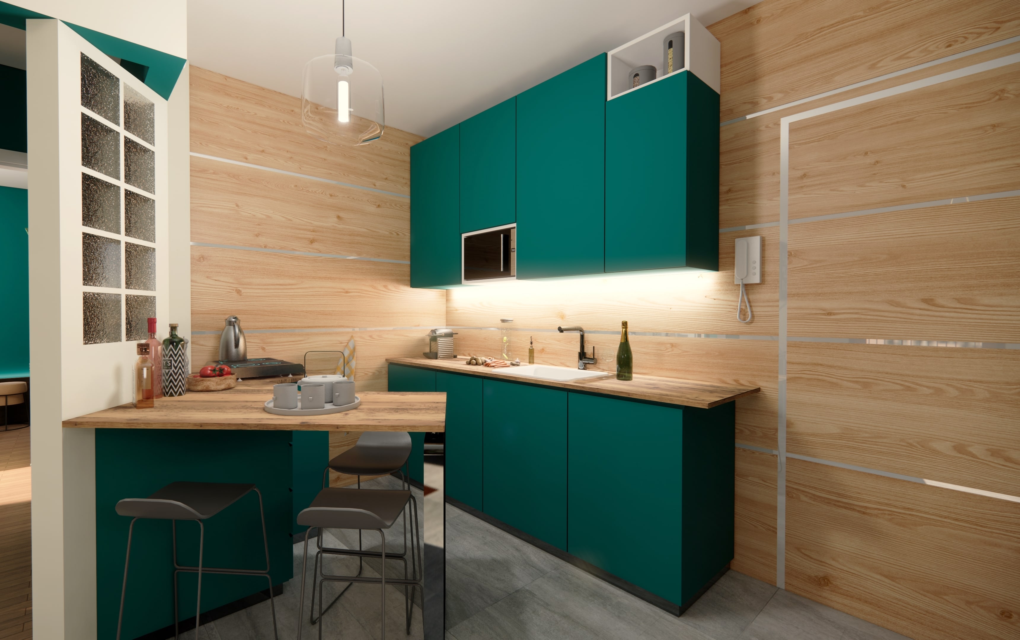 Rendering of the media wall in the small apartment