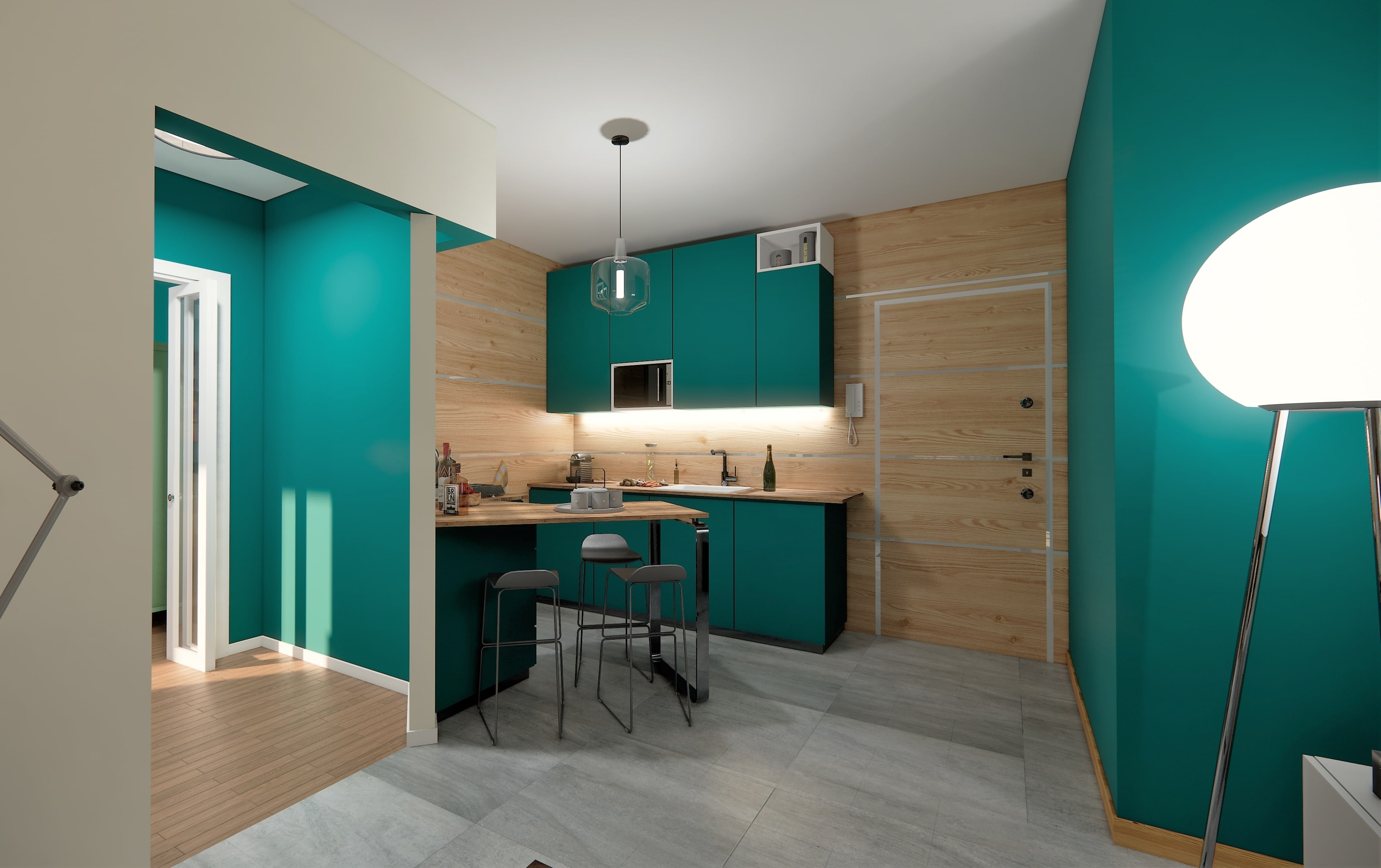 Rendering of the bedroom and storage in the small apartment