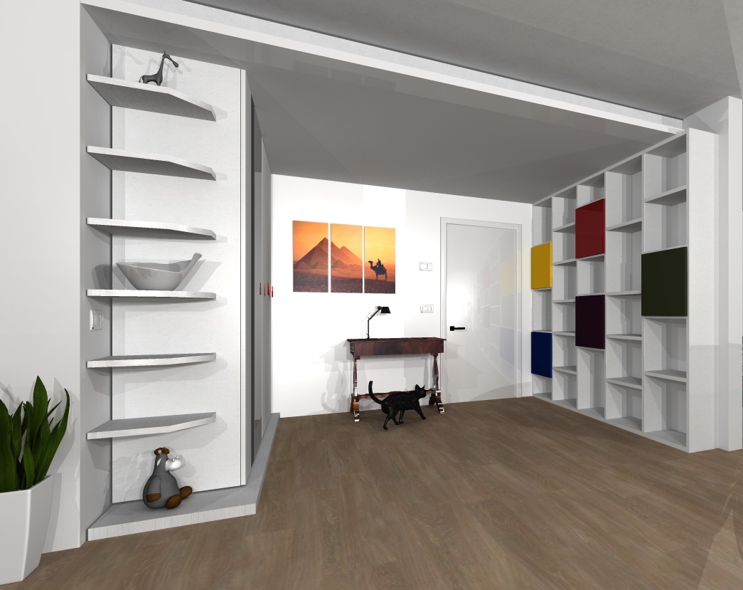 Rendering of the living room with integrated cinema system