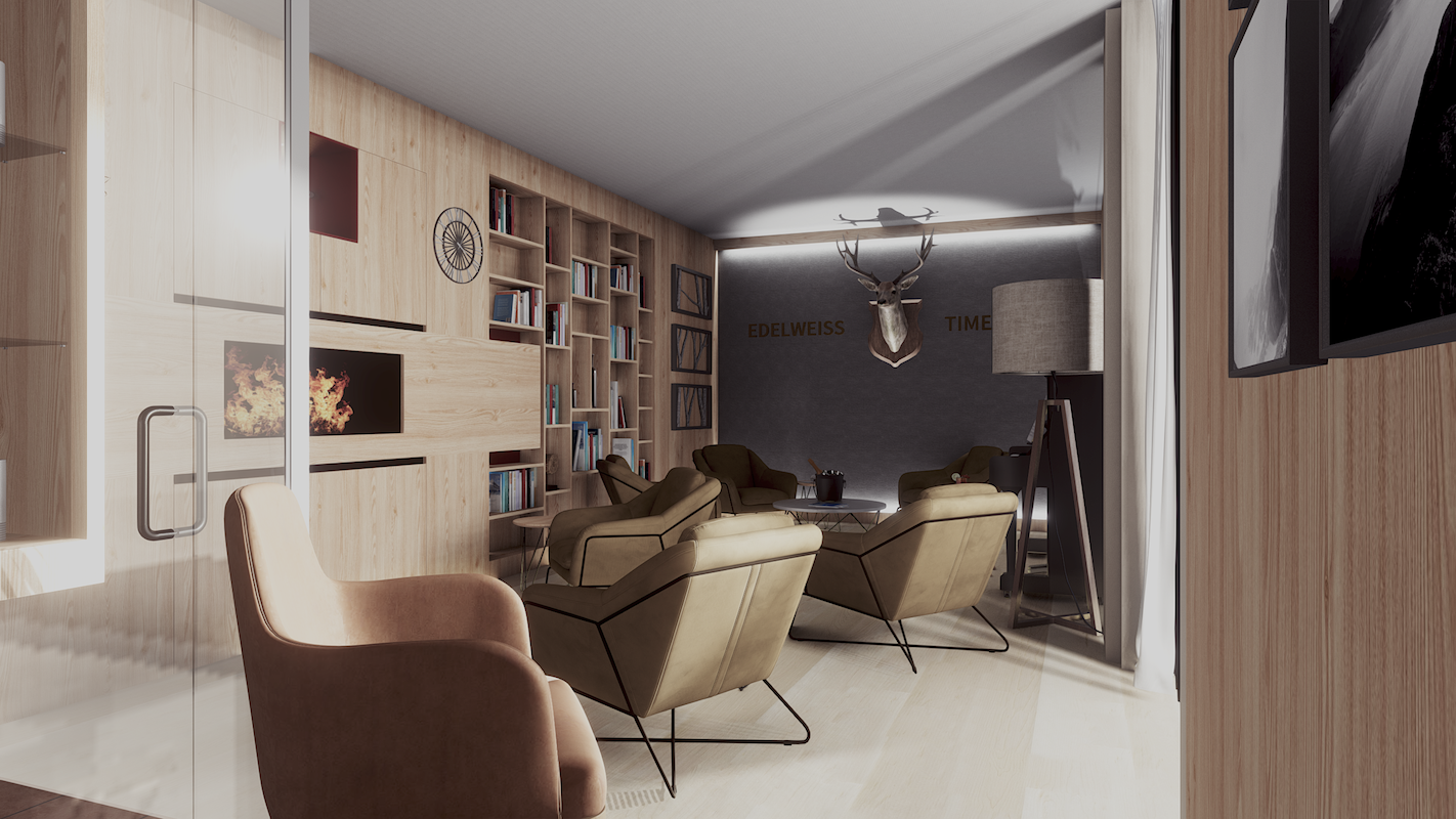 Rendering of the entrance and fireplace