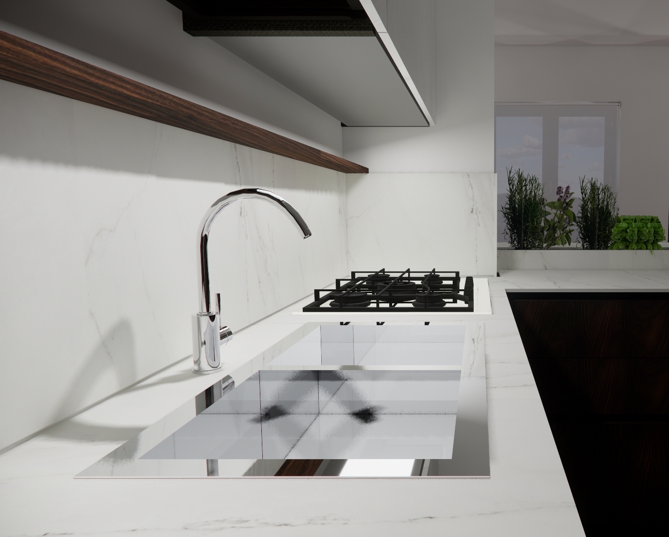 Rendering, general view of the Floritelli + Dekton kitchen