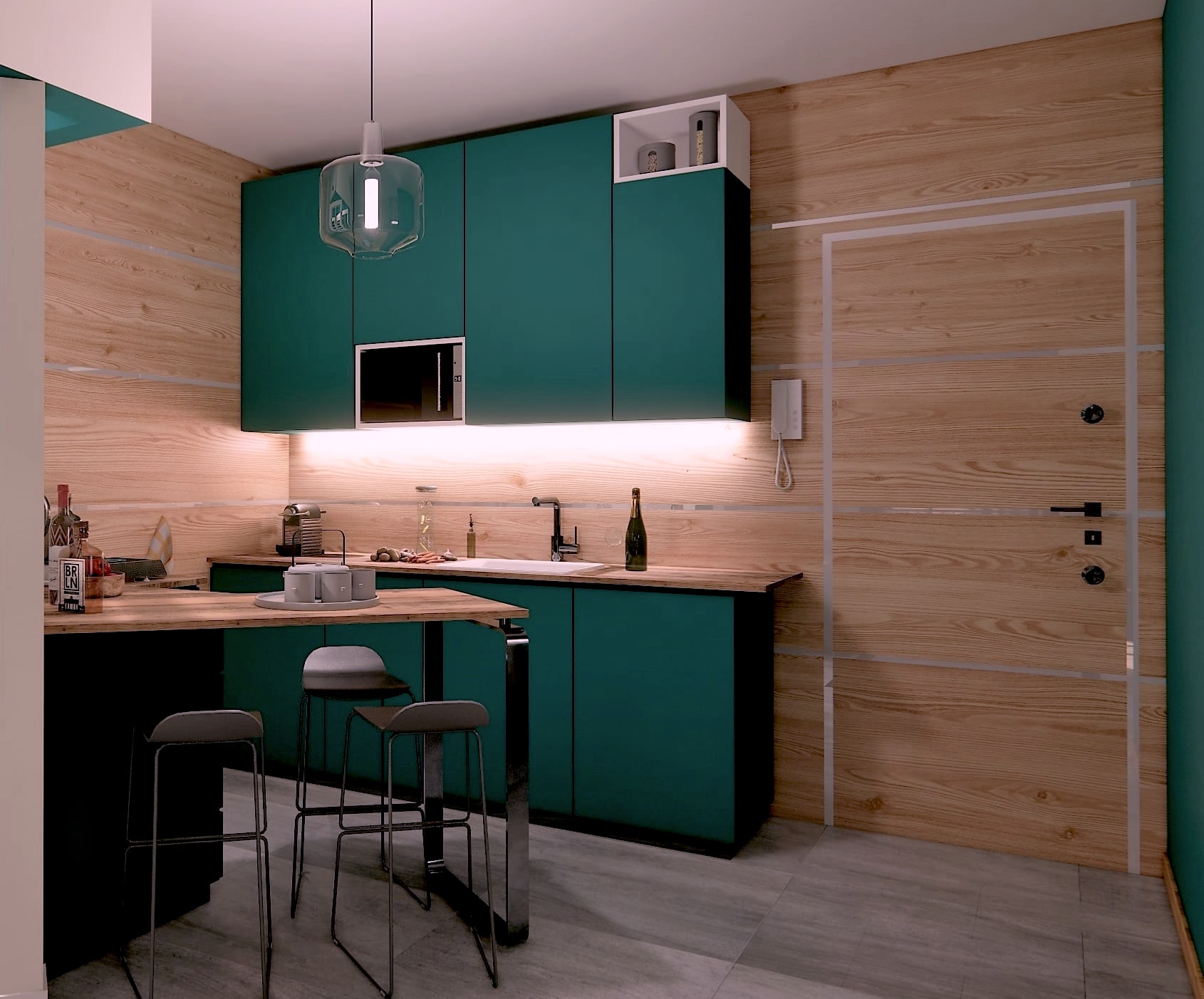 Rendering of the washbasin and storage in the small apartment