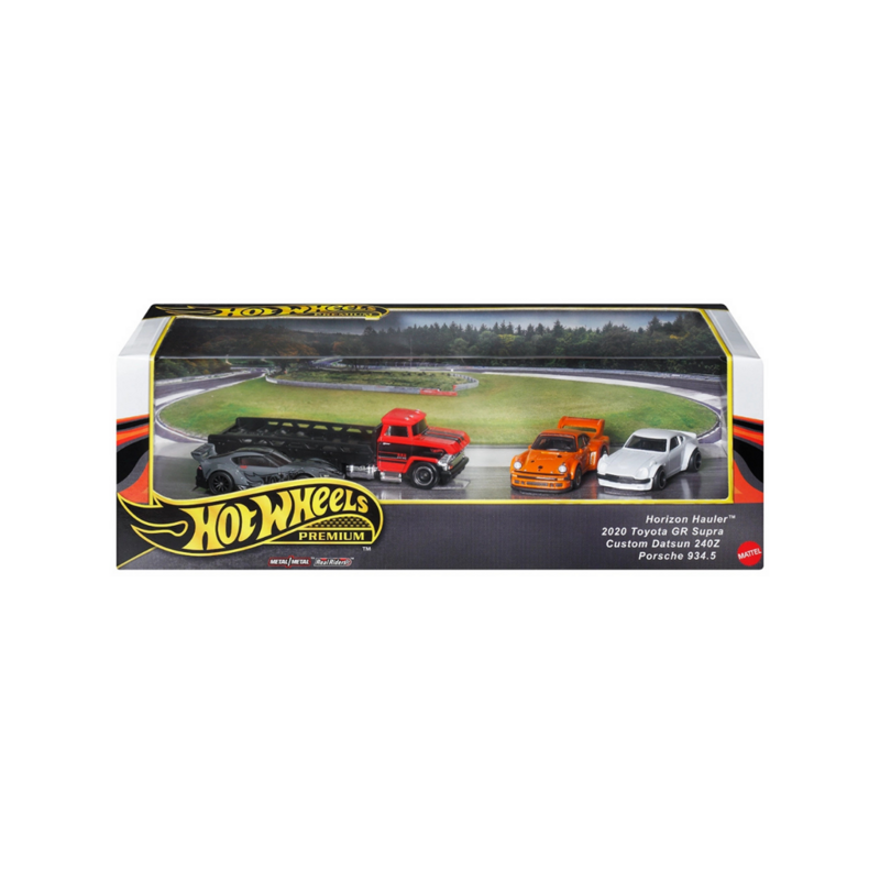 horizon-hauler-2020-toyota-gr-supra-custom-datsun-240z-porsche-9345-hot-wheels-premium-collector-set-track-day