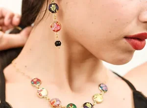Collana Galana e Orecchini Cerchiolla in broccato sardo furighedda
