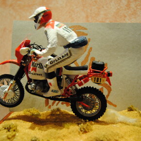 BMW r80gs paris dakar con pilota in diorama. Modellino in scala 1:12 marca TAMIYA