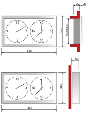 Schema tecnico e misure di montaggio da incasso e parete per orologio contasecondi da sala operatoria Solari Cronor | DMD Asti Italia