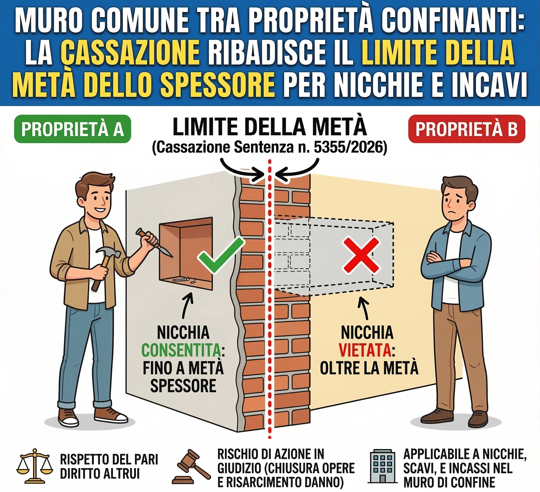 Muro comune tra propriet&agrave; confinanti: la Cassazione ribadisce il limite della met&agrave; dello spessore per nicchie e incavi