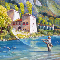 Mio fratello Carlo pesca sul fiume Piave Acrilico su tela 40x40 - 2005