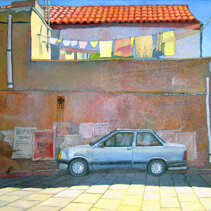 Vecchia automobile davanti a un muro a Portoscuso Olio su tela 70x50 - 1999