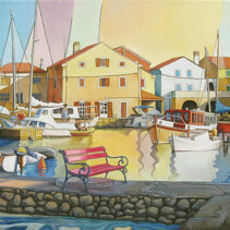 Paesaggio di Lussino numero 4 (panchina fucsia) Olio su tela di juta 60x50 - 2009
