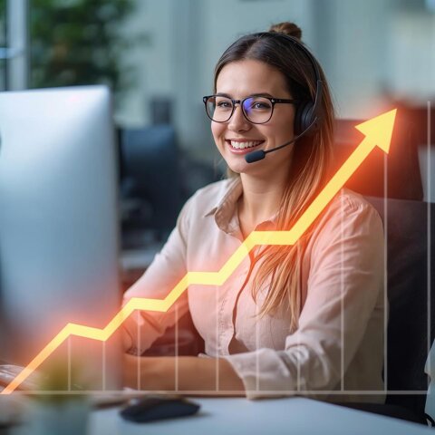 donna call center che sorride con davanti pc con grafico vendite in salita.jpeg donna call center che sorride con davanti pc con grafico vendite in salita.jpeg
