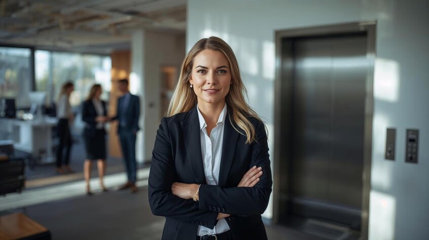 imprenditoredonna dentro suo ufficio, con altri uffici a fianco e collaboratori, rendila vera con collaboratori anche in piedi, ascensolre.jpeg