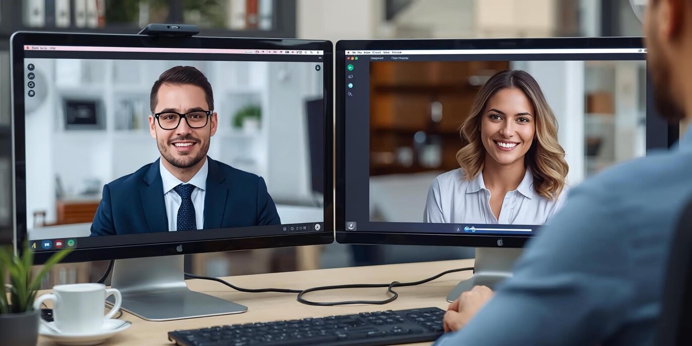 call tra due professionisti da remoto, si devono vedere i due pc e due professionisti.jpeg