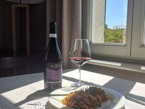 Primo piano della bottiglia di Barbera d'Alba DOC della nostra linea MAXIMA