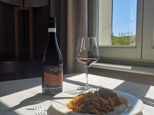 Primo piano della bottiglia di Dolcetto d'Alba DOC della nostra linea MAXIMA Primo piano della bottiglia di Dolcetto d'Alba DOC della nostra linea MAXIMA