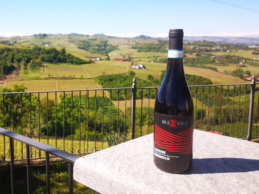 Bottiglia MAXIMA nel paesaggio collinare di Barbaresco Bottiglia MAXIMA nel paesaggio collinare di Barbaresco