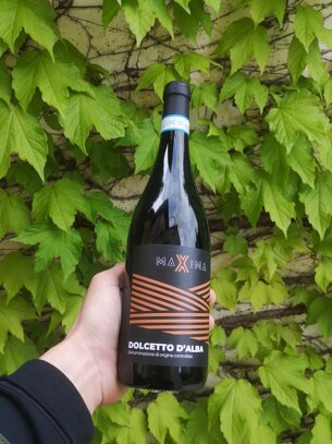 Bottiglia Dolcetto d'Alba DOC MAXIMA Primo piano bottiglia di Dolcetto d'Alba DOC della nostra linea MAXIMA