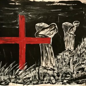 Tecnica mista su juta, misure 70X110 cm, anno 2017.