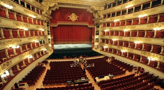 Interior view of the historic La Scala Theatre auditorium in Milan, Italy, showcasing its elegant architecture and ornate design.