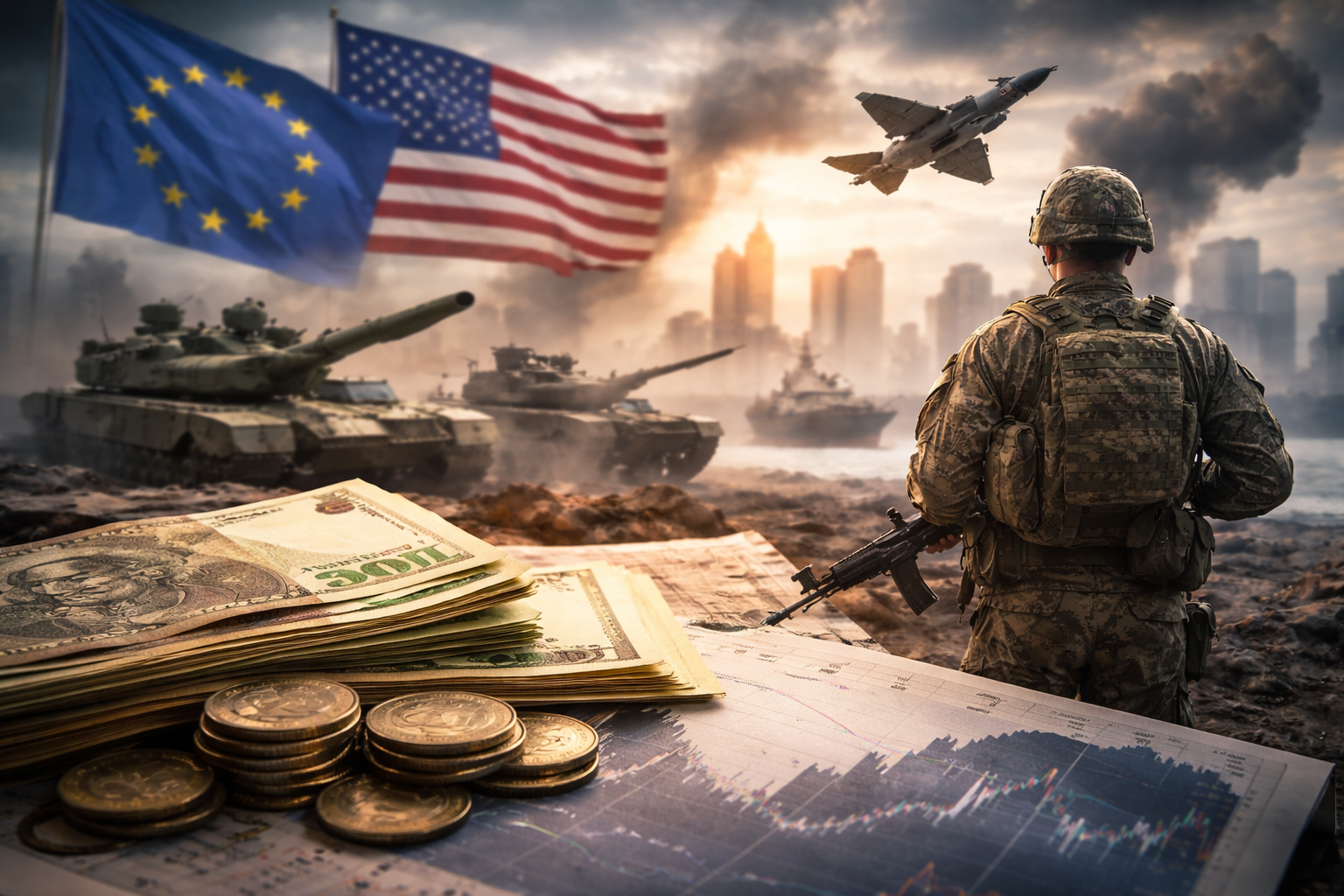 Rappresentazione simbolica del ritorno della guerra in Occidente, con forze militari, bandiere di Stati Uniti e Unione Europea, denaro e grafici economici a indicare il legame tra conflitto, economia e risorse
