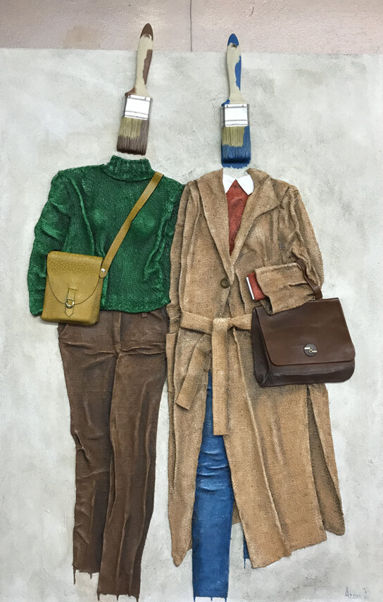 bruno azzini - occhio alle borse - 2024 - collage di juta e tecnica mista su tela - cm 100x70x4 .jpeg