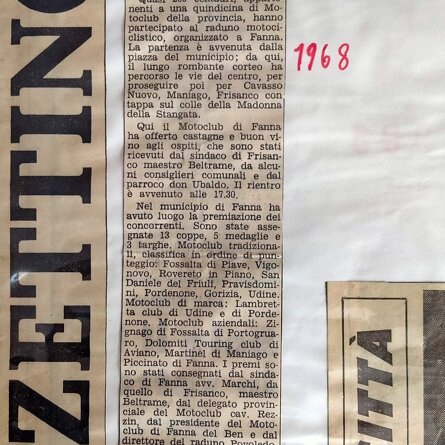 Articolo del gazzettino del 1968 Radunimotociclistico organizzatodalMotoclub di Fanna