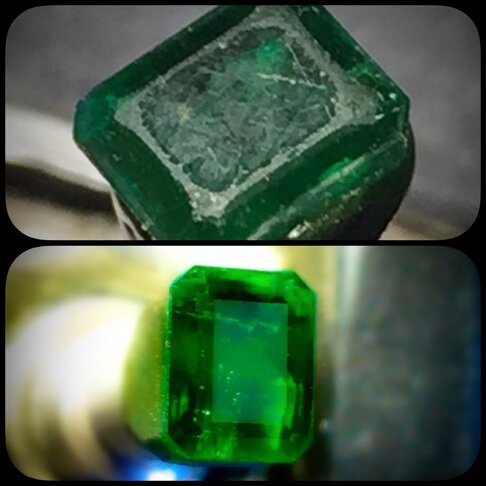 Lucidatura di uno smeraldo, taglio rettangolare ad angolo tronchi
