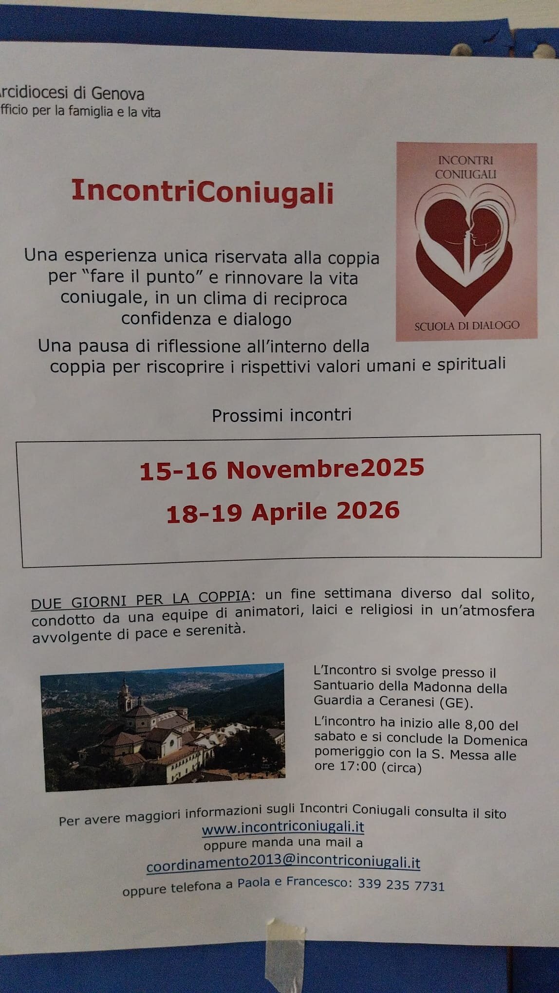 Incontri Coniugali - Due giorni - Madonna della Guardia