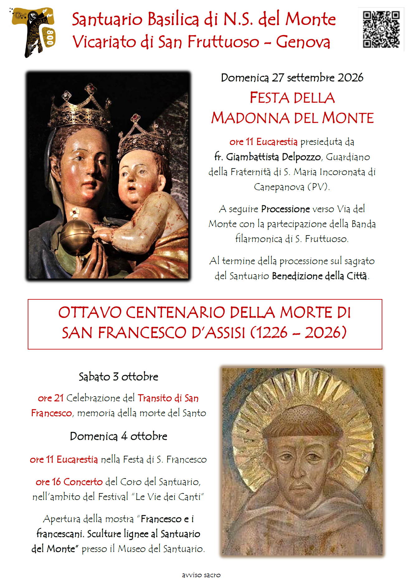 Domenica 27 - Festa della Madonna del Monte - 3-4 Ottobre Centenario S. Francesco
