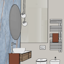 Progetto Interni globale con Ristrutturazione Dis. 3D interni bagno vista laterale su parete sanitari sospesi con radiatore scalda salviette