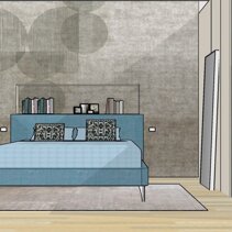 Realizzazione Progetto Arredamento per Interni Vista frontale letto matrimoniale imbottito con contenitore e parete con carta da parati