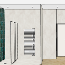 Progetto Interni globale con Ristrutturazione Dis. 3D parete di ingresso bagno vista laterale doccia e radiatore moderno scalda salviette