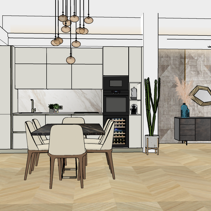 Progetto Interni globale con Ristrutturazione Dis. 3D Vista laterale Zona Pranzo con Cucina in Open Space