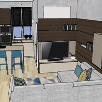 Realizzazione Progetto Arredamento per Interni Vista Zona Salotto con cucina a vista in Open Space