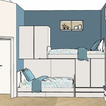 Progetto Interni globale con Ristrutturazione Dis. 3D Progetto Salvaspazio con 1 letto a soppalco con 2 moduli armadio + 1 letto a terra