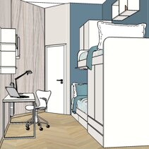 Progetto Interni globale con Ristrutturazione Dis. 3D Arredi cameretta con 2 letti, una zona studio e una zona relax