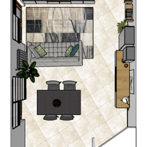 Progetto di Home Relooking Living Open Space Disegno 3D, vista dall'alto globale Living Open Space