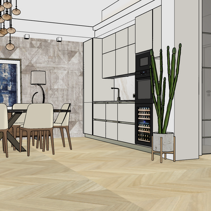 Progetto Interni globale con Ristrutturazione Dis. 3D Sala da Pranzo con Cucina lineare a vista in Open Space