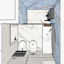 Progetto Interni globale con Ristrutturazione Dis. 3D in Pianta Bagno en-Suite arredato