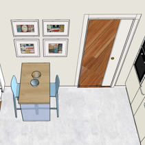 Progetto di Home Relooking per Cucina Vista lato porta progetto in 3D Relooking Cucina ad L con inserimento di nuovo tavolo snack