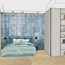 Progetto Interni globale con Ristrutturazione Dis. 3D parete rivestita con carta da parati, letto contenitore, Armadio angolare su misura