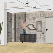 Progetto Interni globale con Ristrutturazione Dis. 3D Prospetto muro di ingresso con Carta da Parati e madia moderna