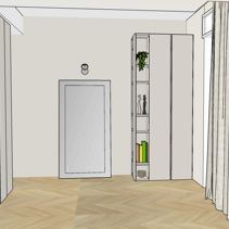 Progetto Interni globale con Ristrutturazione Dis. 3D parete fronte letto con Modulo armadio con terminale a libreria a giorno e specchiera