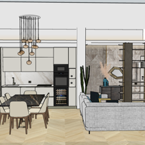 Progetto Interni globale con Ristrutturazione Dis. 3D Vista laterale Living Open Space con Sala da Pranzo, Cucina a vista, e Salotto