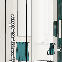 Progetto Interni globale con Ristrutturazione Dis. 3D interno bagno vista da doccia verso sanitari e mobile bagno dietro divisorio in vetro satina