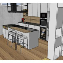 Progetto Interni globale con Ristrutturazione Disegno 3D Cucina con Isola con bancone snack e seggioloni