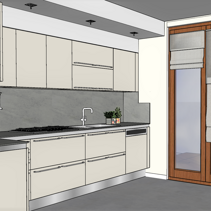 Progetto di Home Relooking per Cucina Vista lato lungo progetto di Relooking in 3D cucina a L