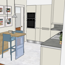 Progetto di Home Relooking per Cucina Dettaglio Progetto 3D nuovo tavolo snack con fianco in vetro, sgabelli e nuove lampade a sospensione